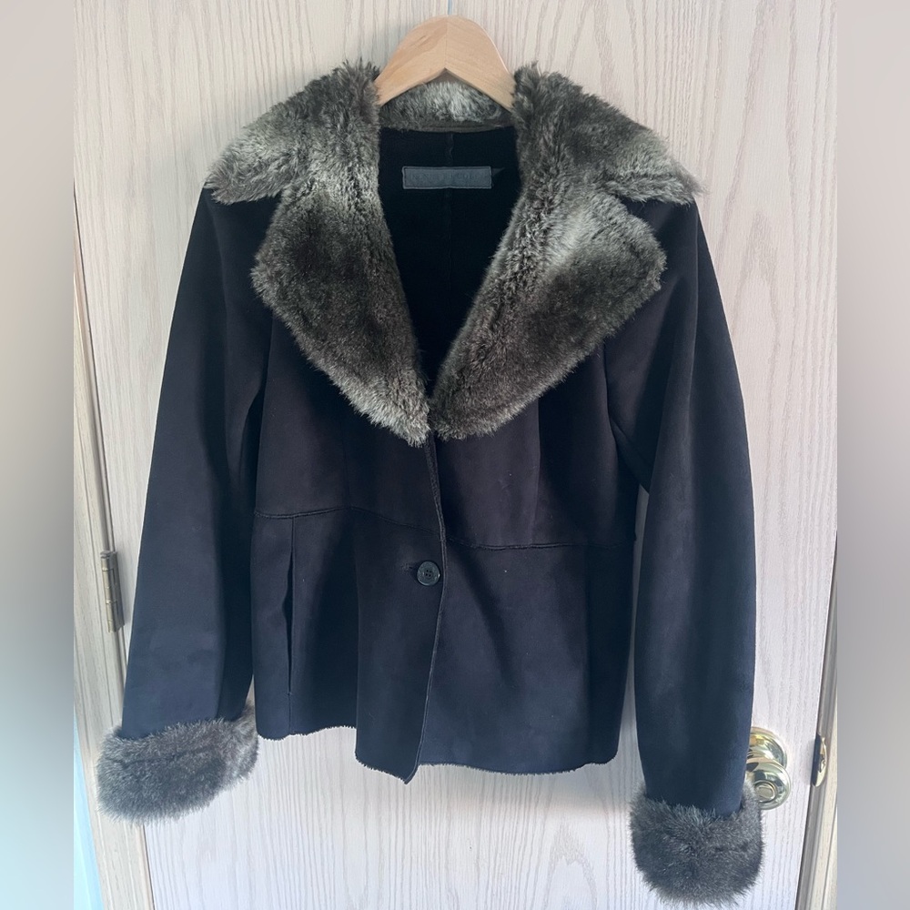 Kenneth Cole New York Black Suede coat with smoky gray faux fur collar and cuffs